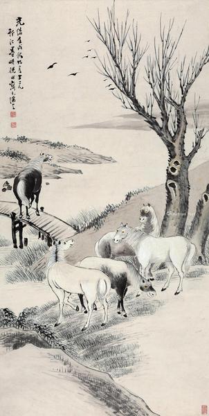 * 五马图 镜片 水墨纸本