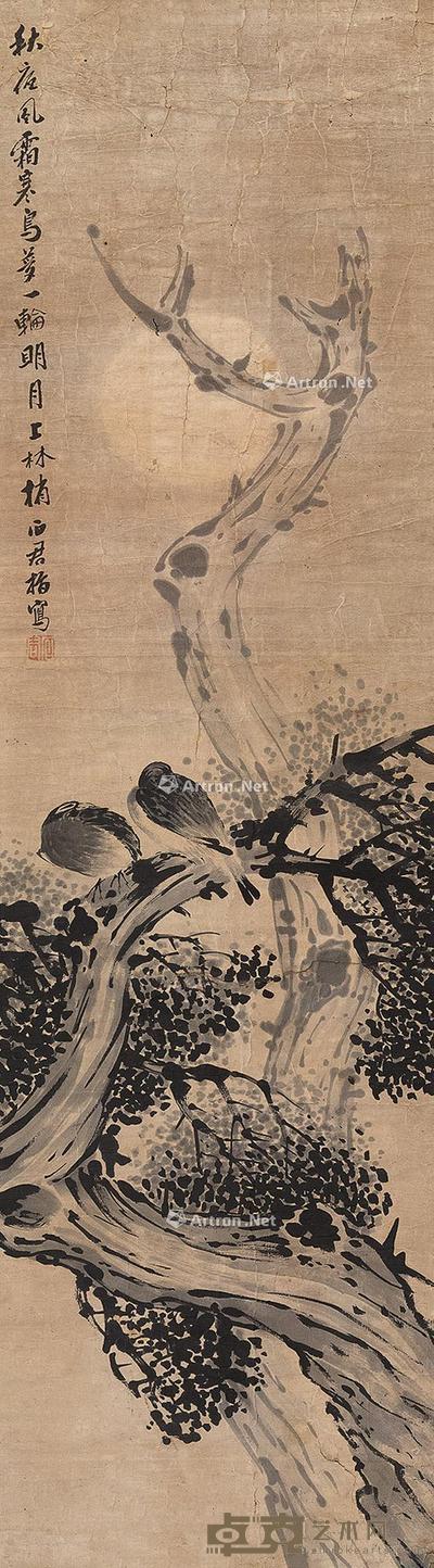  月下双禽 镜心 纸本 136×38cm