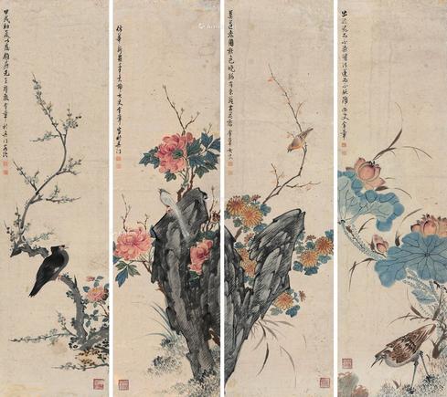 花鸟 四屏 设色纸本