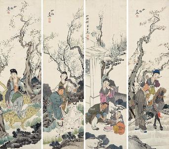  人物 四屏屏轴 设色纸本