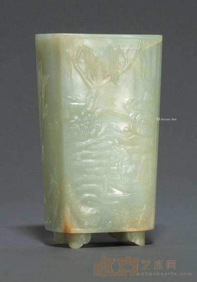  清18世纪 青白玉人物图笔筒 高13.3cm