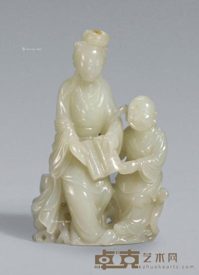  清18世纪 白玉雕母子摆件 高10cm