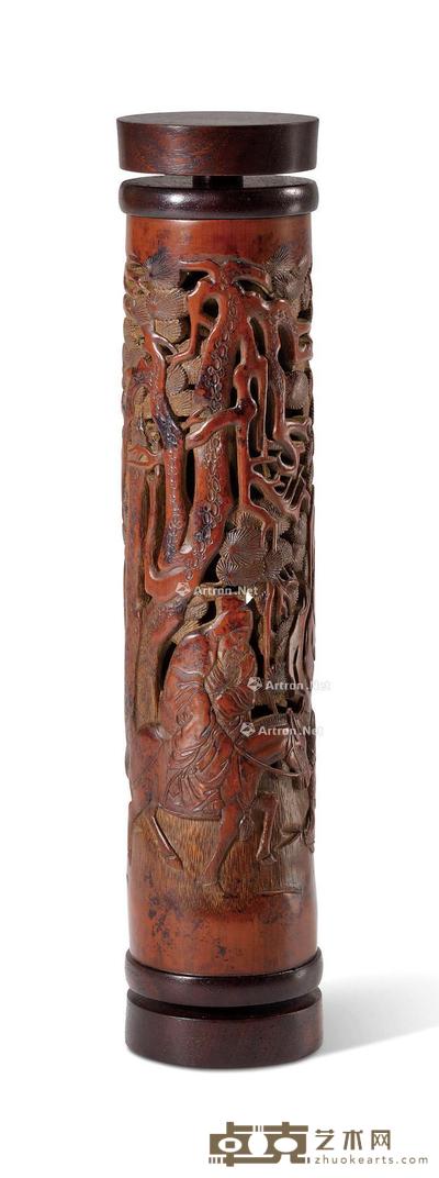 清18世纪 竹雕人物故事图香筒配花梨座 高24.5cm
