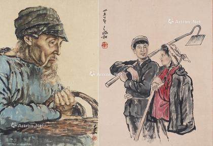  1946年作 # 劳工 思乡老人 画心 画心 设色纸本 设色纸本