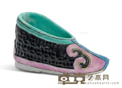  清18世纪 黑地粉彩鞋 长12cm