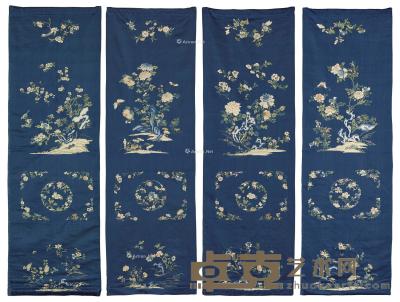  清19世纪 蓝地刺绣花卉纹椅披 （一组四件） 155.6cm×50.8cm