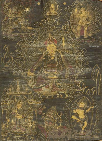  清17/18世纪 黑地描金莲花生唐卡 28.2×20.3cm