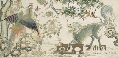  清19世纪 藕地缎绣麒麟凤凰图屏 70.5×102.8cm