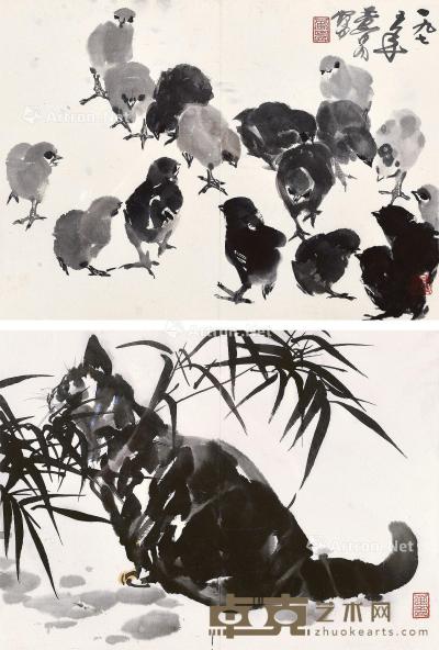  1975年作 鸡和猫 水墨纸本 镜心 45×32cm×2