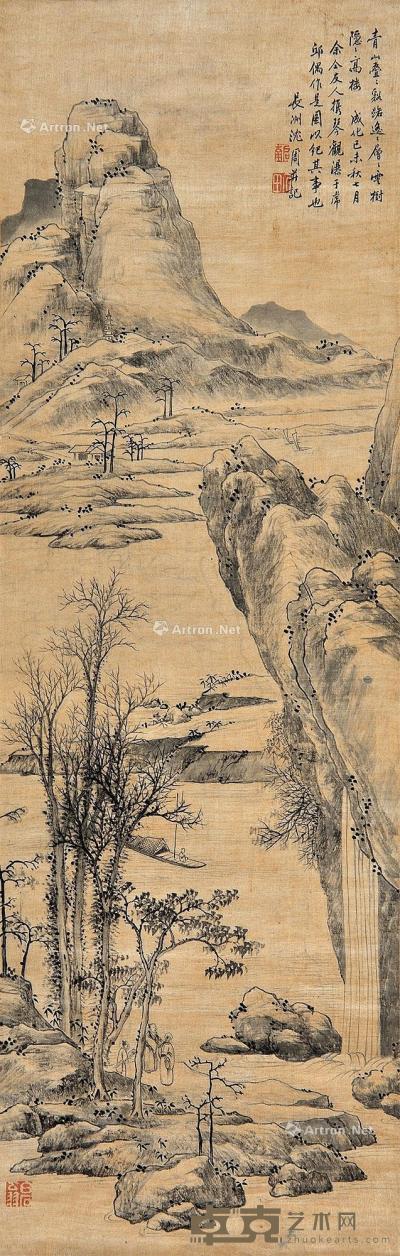  1475年作 携琴观瀑图 立轴 水墨绢本 120×38cm