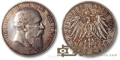 * 1903年德意志帝国·巴登大公弗雷德里希二世像5马克银币一枚 --