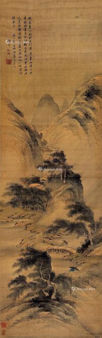  1648年作 江村骤雨图 立轴 设色纸本