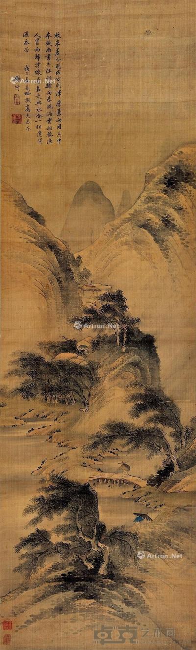  1648年作 江村骤雨图 立轴 设色纸本 176×53cm