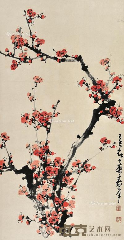  1989年作 梅花 设色纸本 立轴 90×46cm