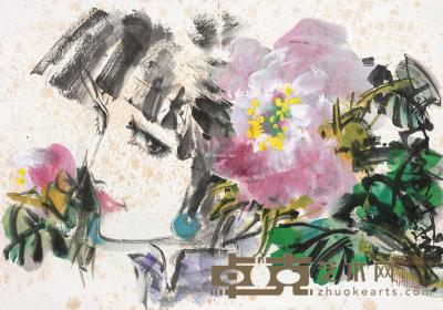  1998年作 牡丹少女 镜框 设色纸本 37.5×54cm