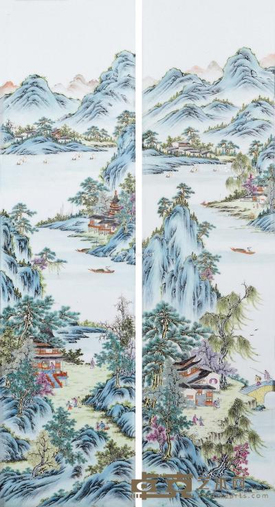  民国 汪野亭粉彩山水纹挂屏 （一对） 画心79.5×21cm