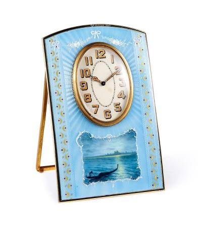  蓝色微绘珐琅「威尼斯风景」8天动力座钟