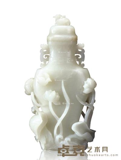  清18世纪 白玉荷塘春色盖瓶 高20.5cm