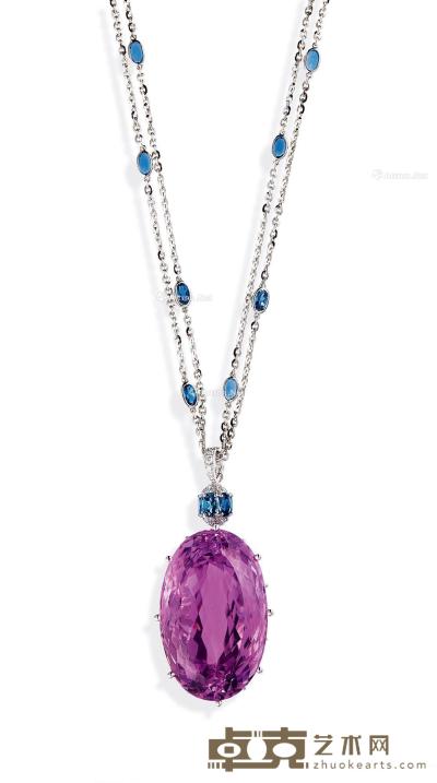  98.66克拉 天然紫锂辉石 配 海蓝宝石及钻石项链 --