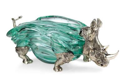  纯银「犀牛」饰手工玻璃烟缸