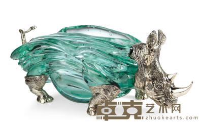  纯银「犀牛」饰手工玻璃烟缸 32×16×13cm；重量3.93kg
