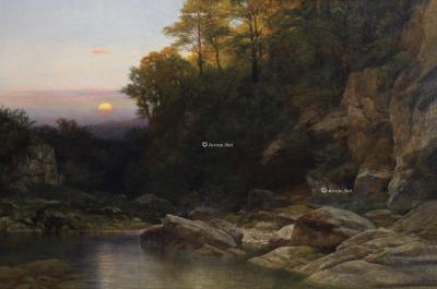  1897年作 湖边岩石 布面 油画