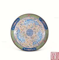  清中期 铜胎画珐琅瑞兽寿字纹盘