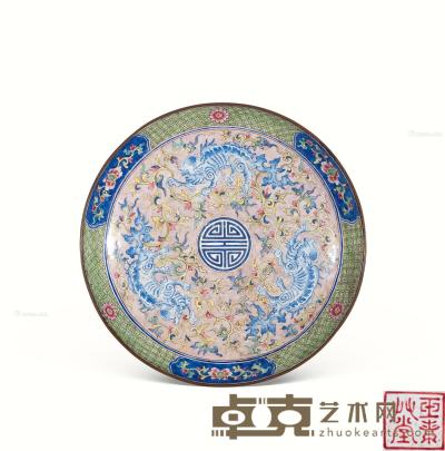  清中期 铜胎画珐琅瑞兽寿字纹盘 直径21.5cm