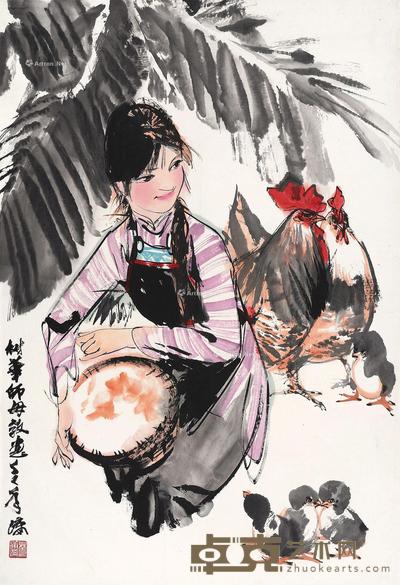  饲鸡图 镜框 设色纸本 70×47cm 