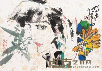  1998年作 菊花少女 镜框 设色纸本 37.5×54cm