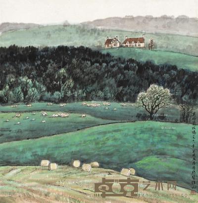  英格兰牧场 镜框 设色纸本 70×68cm