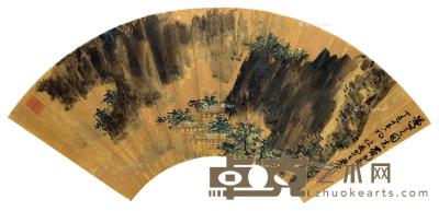 * 1977年作 溪山草阁图 镜框 设色金笺 18×51cm 