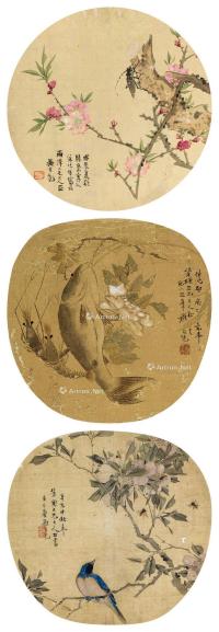  1868、1871年作 花鸟团扇 (三帧) 镜片 设色绢本