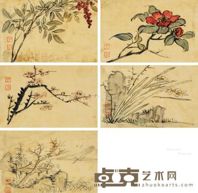  山水、花卉小品 镜片 （五开） 设色绢本 8×12cm×5