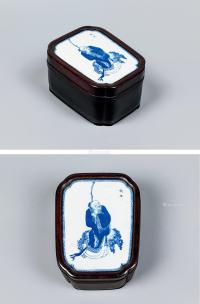  镶青花人物瓷片 香红木盒