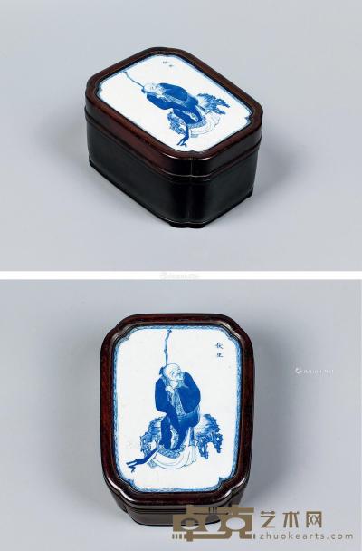  镶青花人物瓷片 香红木盒 9×4×10cm