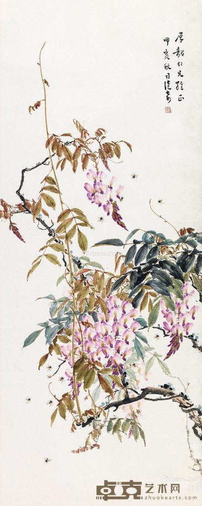  1974年作 紫藤蜜蜂 立轴 设色纸本 120×48cm