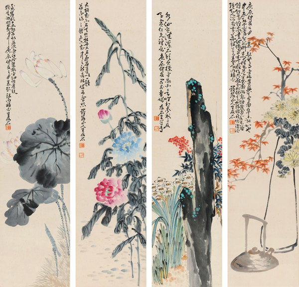  花卉 四屏立轴 设色纸本