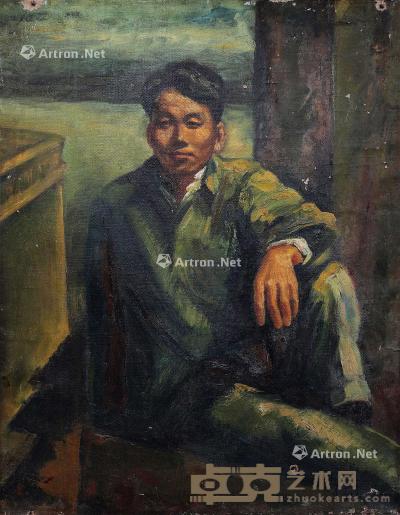  1952年作 志愿军战斗英雄 镜框 布面油画 66×52cm