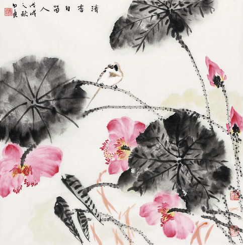  2018年作 荷花小鸟 镜心 设色纸本
