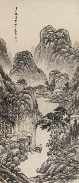  辛亥（1791）年作 观瀑清话图 立轴 水墨纸本