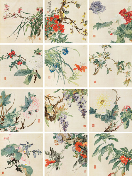  光绪丙子（1876）年作 花卉册 册页 （十二开） 设色绢本