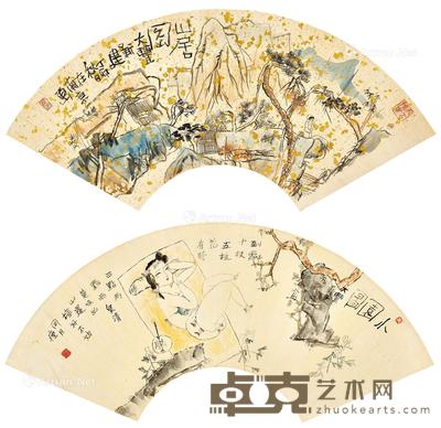 1987年作 1988年作 山居图、小园图(共两幅) 洒金笺彩墨 纸本彩墨 18.5×51 cm;18.6×55.3 cm