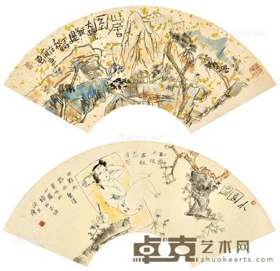  1987年作 1988年作 山居图、小园图（共两幅） 洒金笺彩墨 纸本彩墨 18.5×51 cm；18.6×55.3 cm