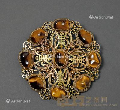 * 民国时期银鎏金嵌宝石长寿富贵胸花一件 直径6.3cm