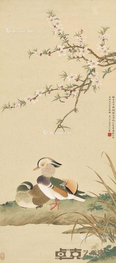  癸未（1943年）作 桃花鸳鸯 立轴 设色纸本 108.4×48.1cm