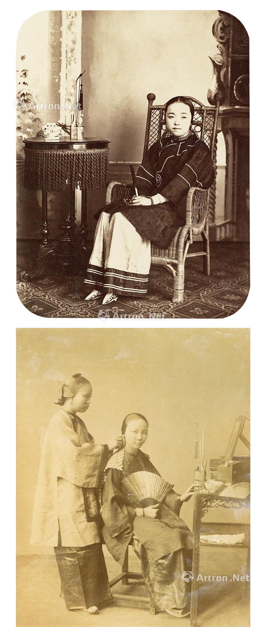 1890s 佚名 清末两女子梳妆照/小脚妇人坐像 蛋白照片
