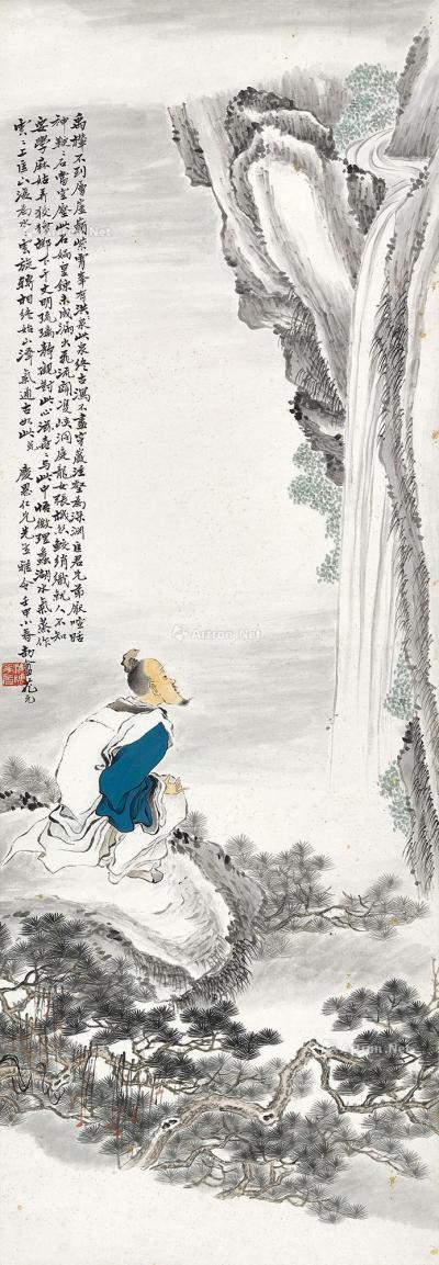  壬申（1932年）作 高士观瀑 立轴 设色纸本