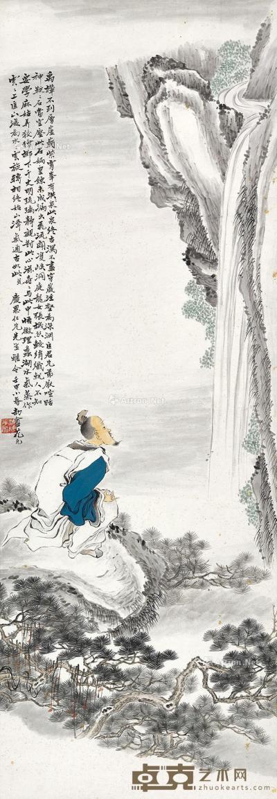  壬申（1932年）作 高士观瀑 立轴 设色纸本 114.2×39.4cm
