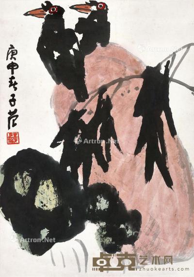  庚申（1980年）作 竹泉八哥 立轴 设色纸本 64×45cm